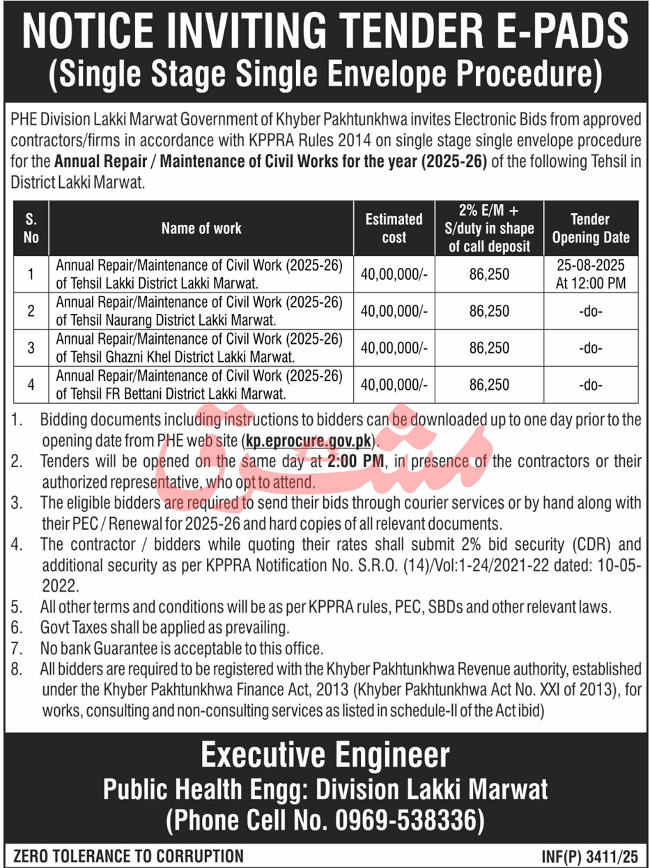 Public Health Engineering Division Lakki Marwat Tender Notice
